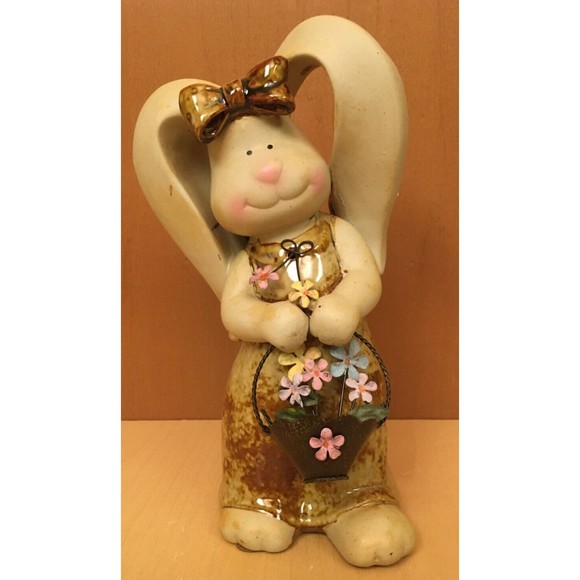 Terry's Village Garden Bunny #2 Stoneware Metal Basket  10" Easter Spring - Picture 1 of 11